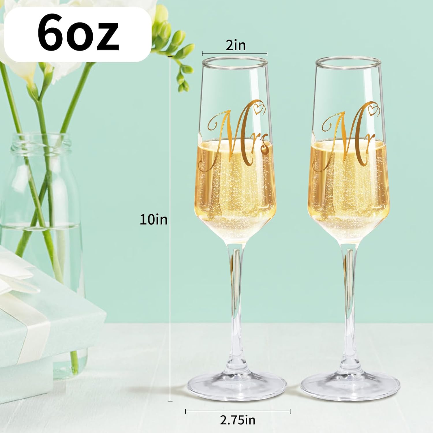 Mr and Mrs Champagne Flutes Set of 2, Elegant Crystal Engagement Gifts for Couples, Bridal Shower Gifts, Lead-Free Champagne Glass 8.5oz/250ml