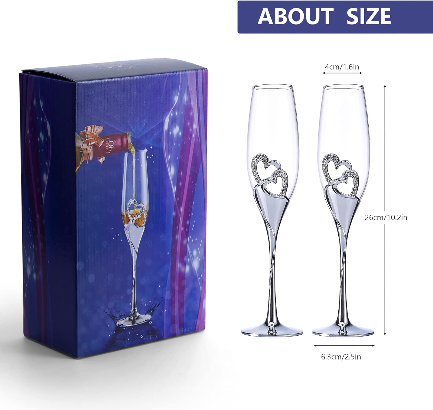 LANLONG Wedding Champagne Goblets Toasting Flute Glasses for Bride and Groom Creative Deluxe Glass Cups with Rhinestone Rimmed Heart Decoration Gift Set