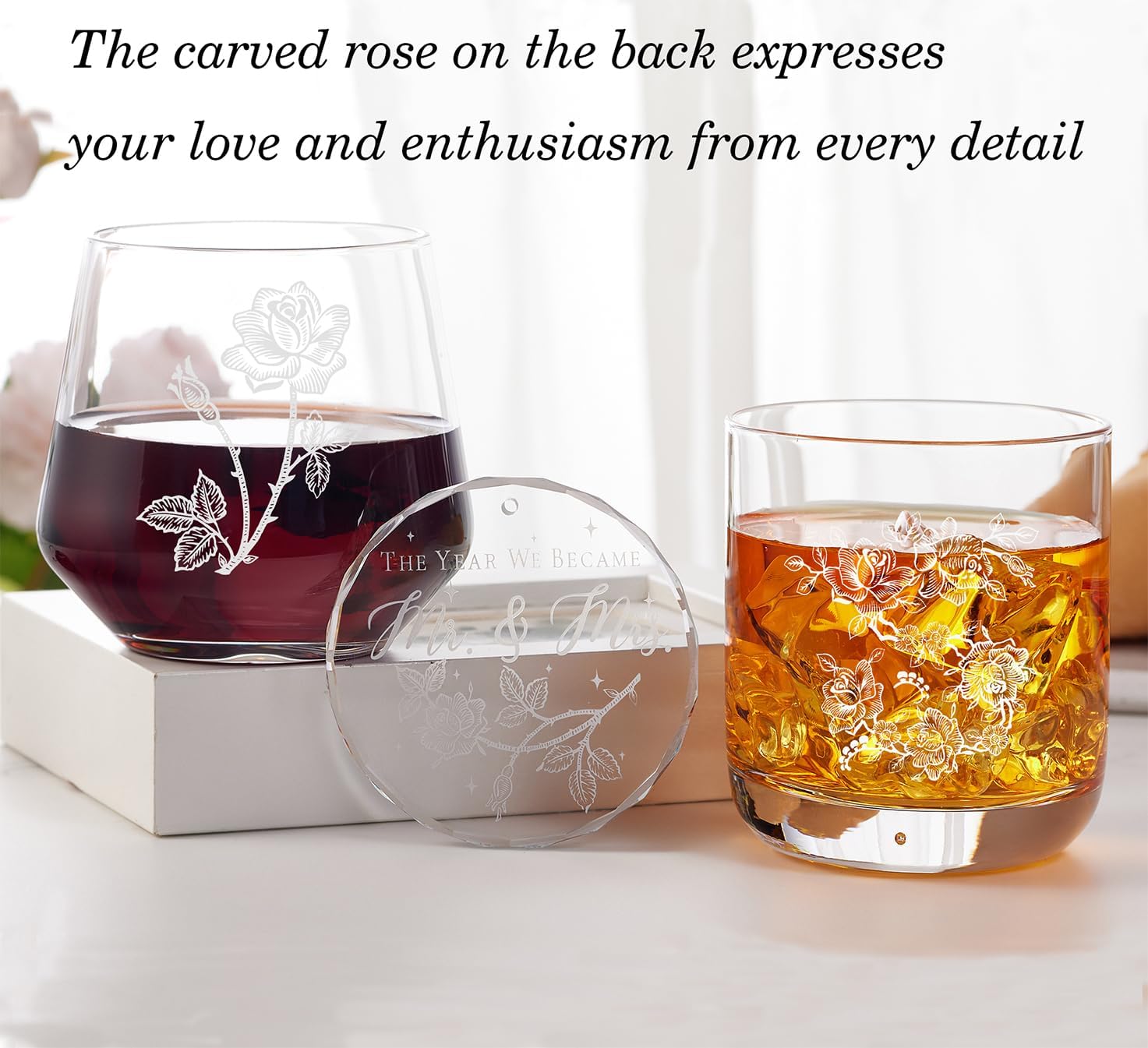 Laser engraving Wedding Gifts for Couples His and Hers Whiskey & Wine Glasses with Glass Ornament | Perfect Bridal Shower, Engagement Gifts for Hubby and Wifey