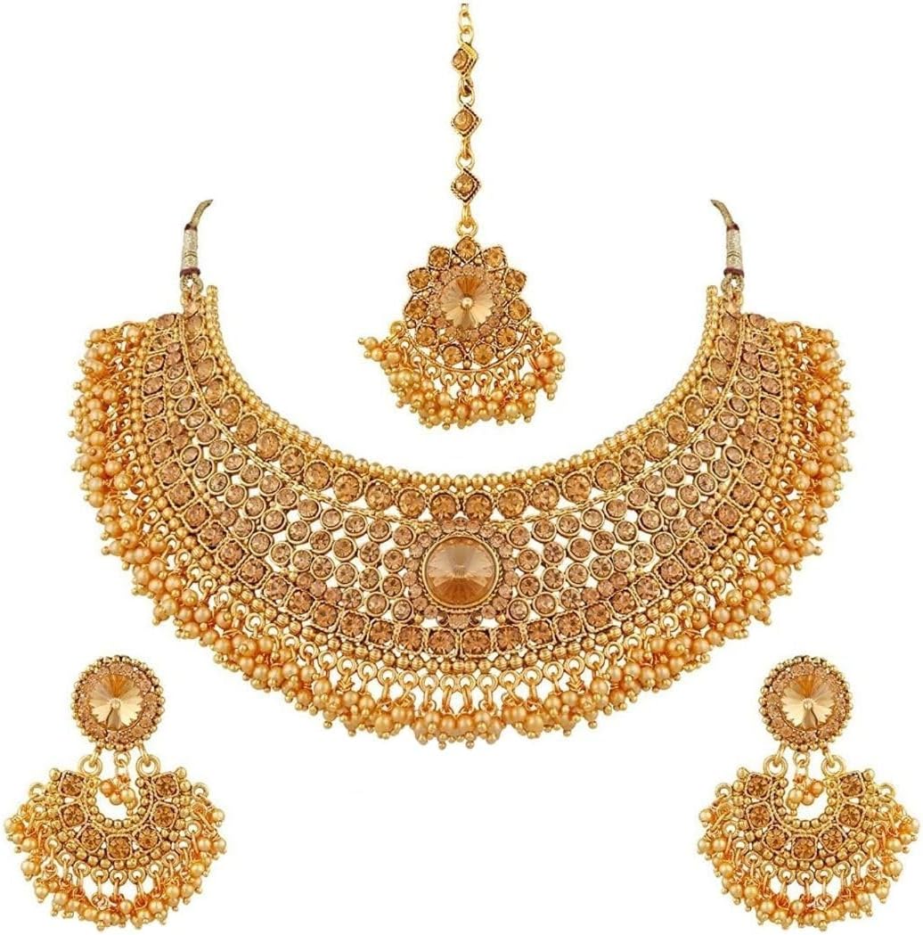 Efulgenz Indian Jewelry Sets for Women Bridal Jewelry Bollywood Traditional Crystal Faux Pearl Wedding Choker Necklace Earrings Maang Tikka Indian Wedding Jewelry