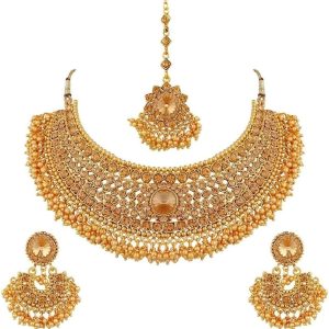 Efulgenz Indian Jewelry Sets for Women Bridal Jewelry Bollywood Traditional Crystal Faux Pearl Wedding Choker Necklace Earrings Maang Tikka Indian Wedding Jewelry