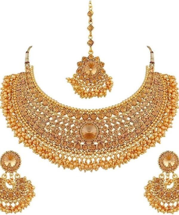 Efulgenz Indian Jewelry Sets for Women Bridal Jewelry Bollywood Traditional Crystal Faux Pearl Wedding Choker Necklace Earrings Maang Tikka Indian Wedding Jewelry