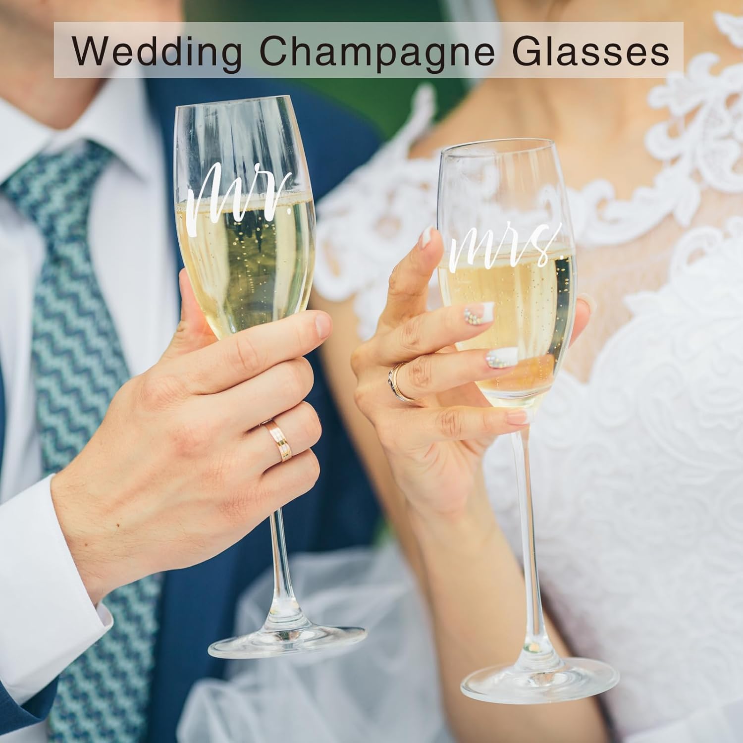 Engraved Mr and Mrs Champagne Flutes with Wooden Sign Set,Toasting Glasses for Bride and Groom,Wedding Cake Knife and Server Set with Just Married Banner for Reception and Ceremony