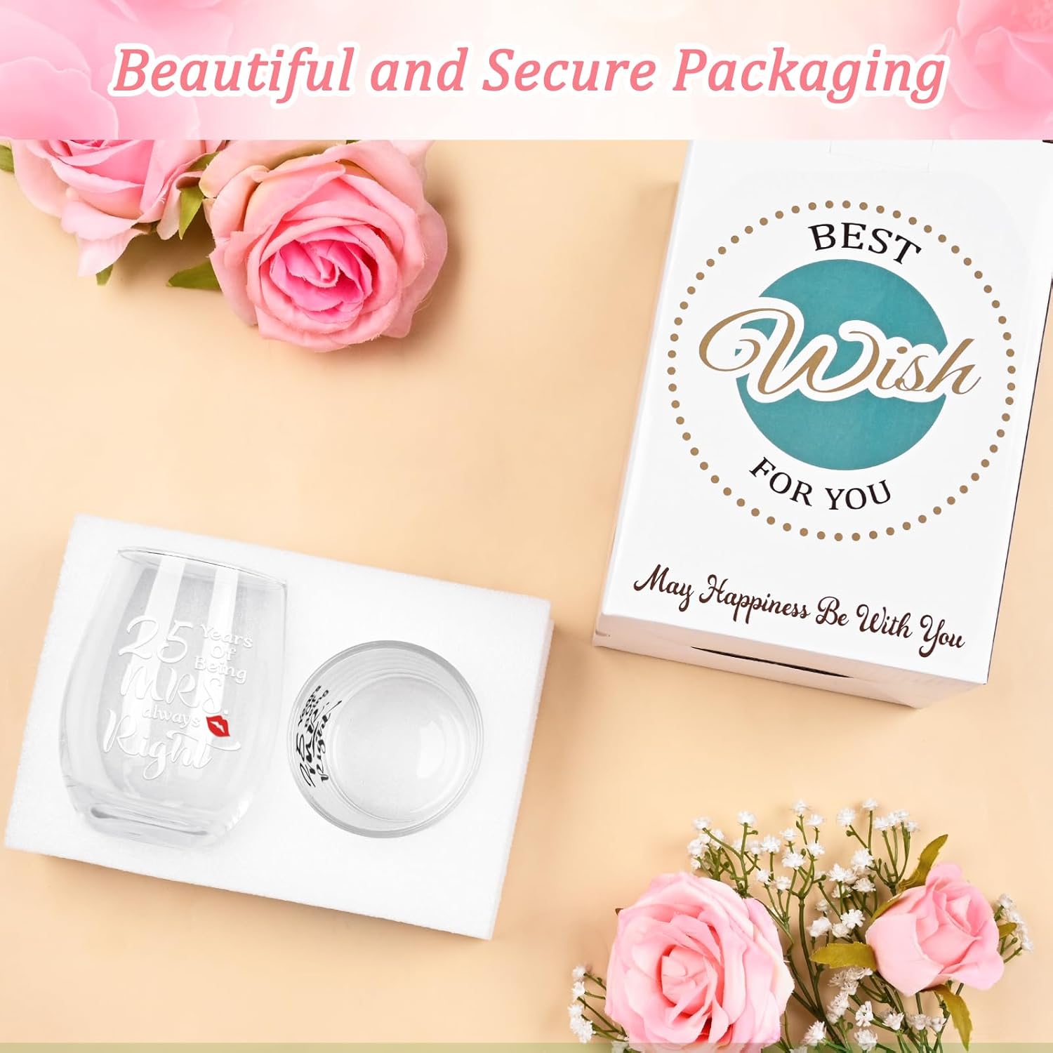 Futtumy 25th Anniversary Glass Gifts Set, 25 Years of Being Mr Right & Mrs Always Right 17oz Wine 10oz Whisky Glass, 25th Wedding Anniversary for Wife Husband Couple Parents Grandparents Friends