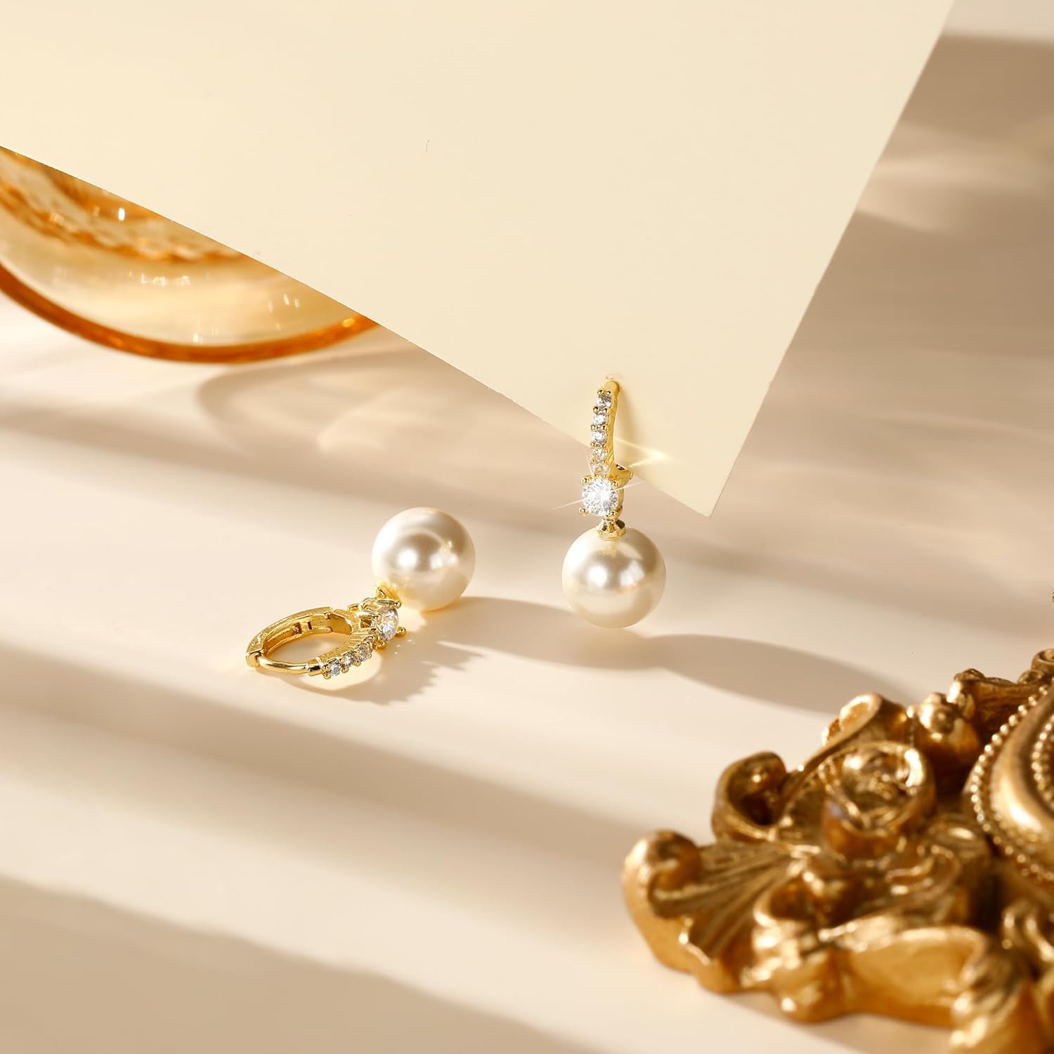 Pearl Earrings for Women 14K Gold Plated Hypoallergenic Pearl Earrings 5A Cubic Zirconia Dangle Earrings Elegant Jewelry