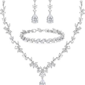 BriLove Gorgeous Wedding Jewelry Set for Women Bridal Cubic Zirconia Marquise Teardrop Leaf Cluster Y-Necklace Dangle Earrings Link Bracelet