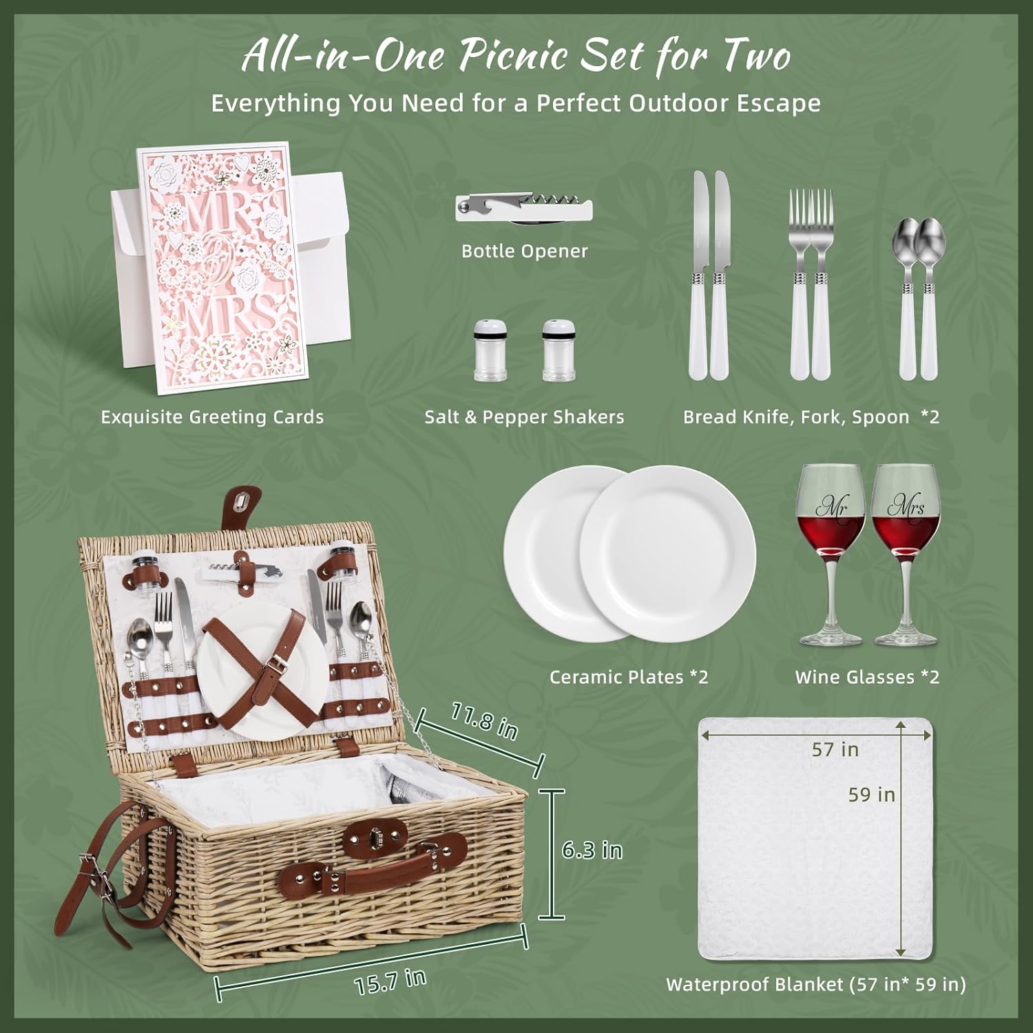 Picnic Basket for 2, Bridal Shower Gift Wedding Gifts with Mr Mrs Wine Glasses and Greeting Card, Engagement Newly Weeding Gifts for Couples 2025, Wicker Picnic Set Kit with Blanket Cooler for Beach