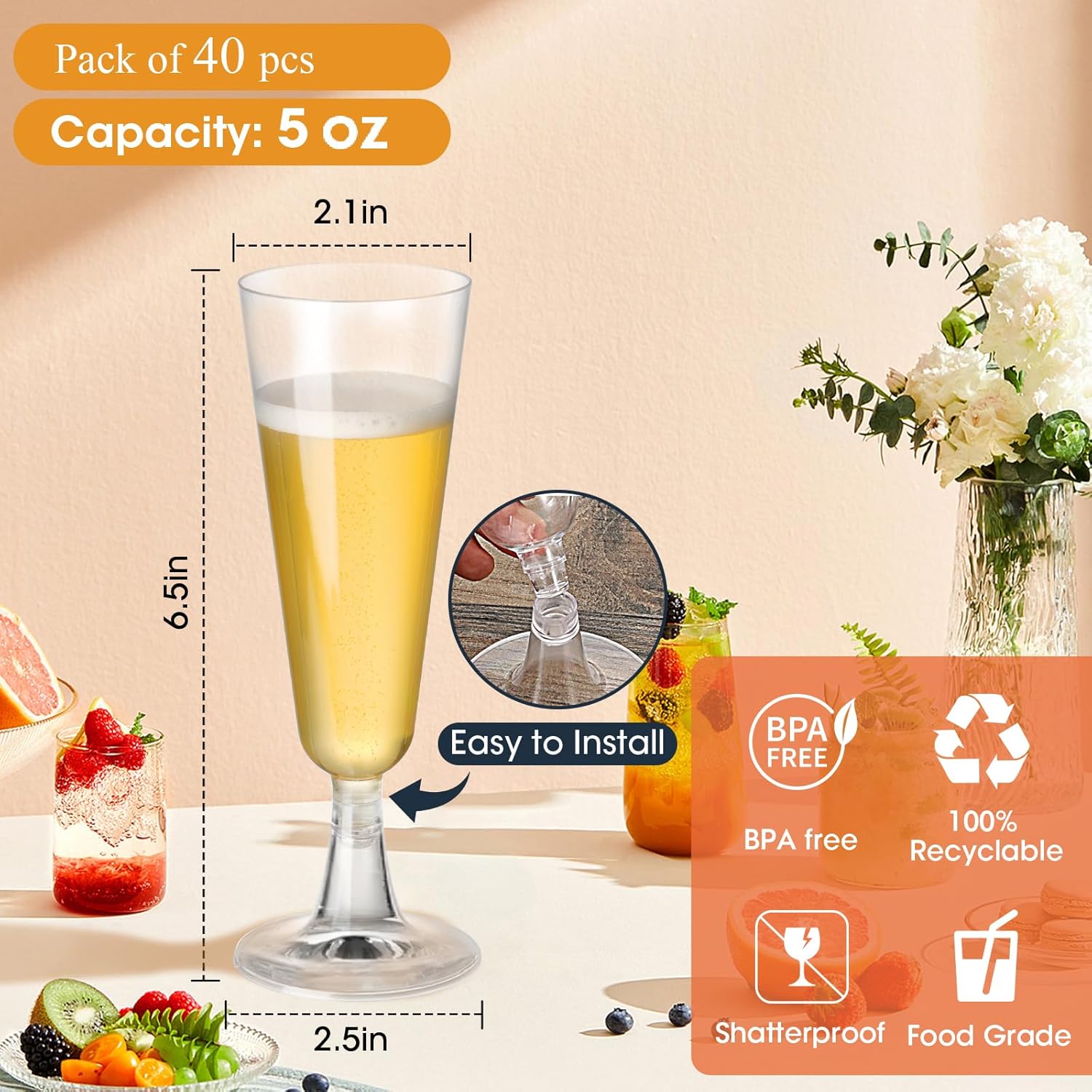 SUREHOME Plastic Champagne Flutes 40 Pack Disposable Champagne Glasses 5oz Clear Plastic Mimosa Glasses Wedding Cocktail Cups Bulk for New Years Eve Party Supplies 2025 Engagement Birthday Decorations