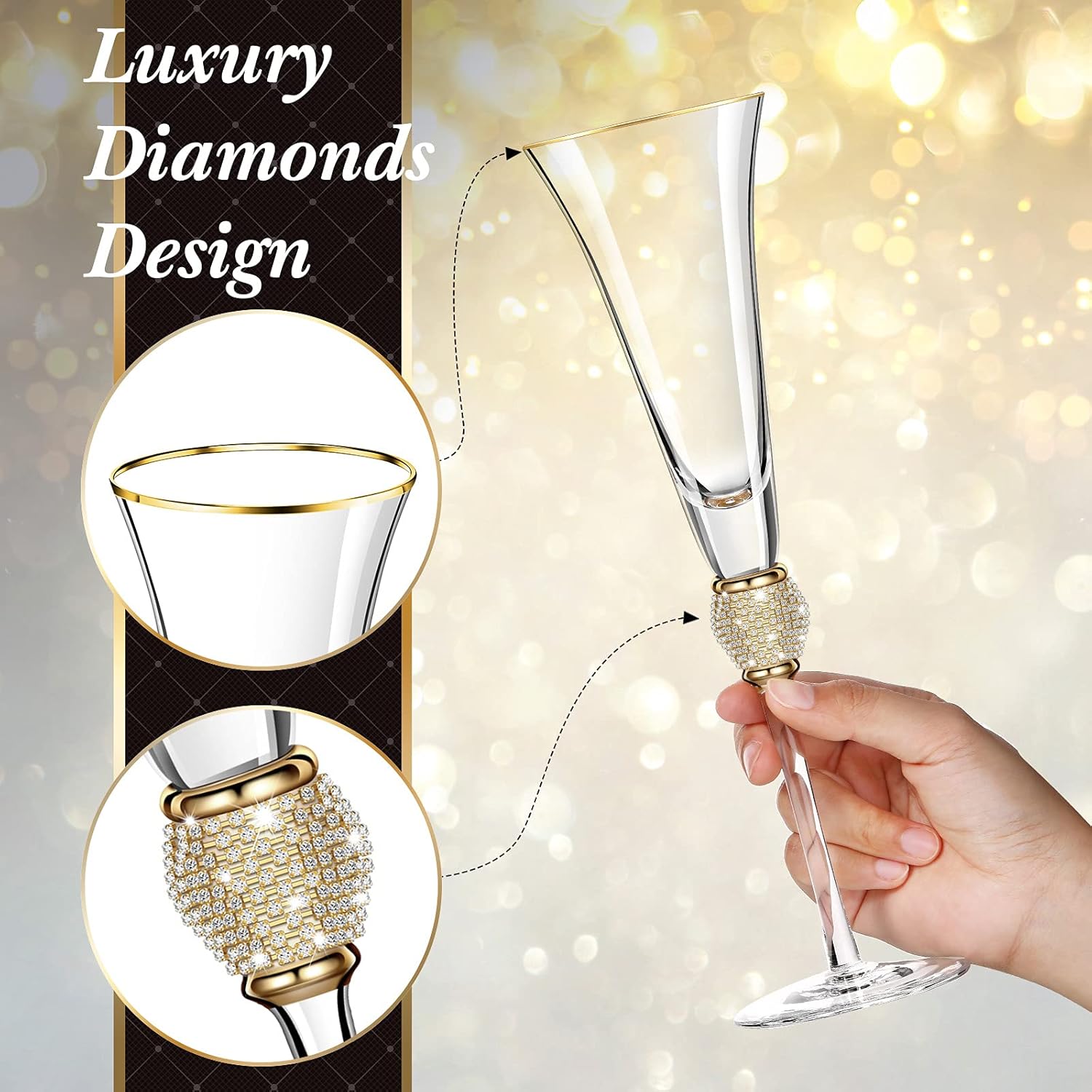 2 Pieces Rhinestone Champagne Flutes Wedding Toasting Glasses 7 Oz Rim Diamond Wine Glasses Long Stem Glassware for Wedding, Parties, Anniversary Supplies (Gold)