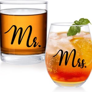 Mr and Mrs Wine Glass Gift for Couples, Newlyweds, Friends, Personalized Wedding Gifts 2025, Bridal Shower Gift for Bridal, Stemless Wine Glass and Whiskey Glass Set-1