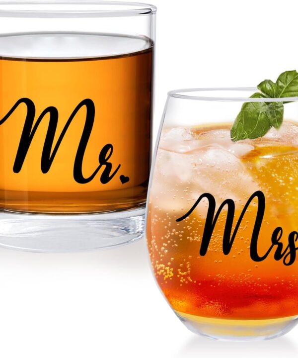 Mr and Mrs Wine Glass Gift for Couples, Newlyweds, Friends, Personalized Wedding Gifts 2025, Bridal Shower Gift for Bridal, Stemless Wine Glass and Whiskey Glass Set-1