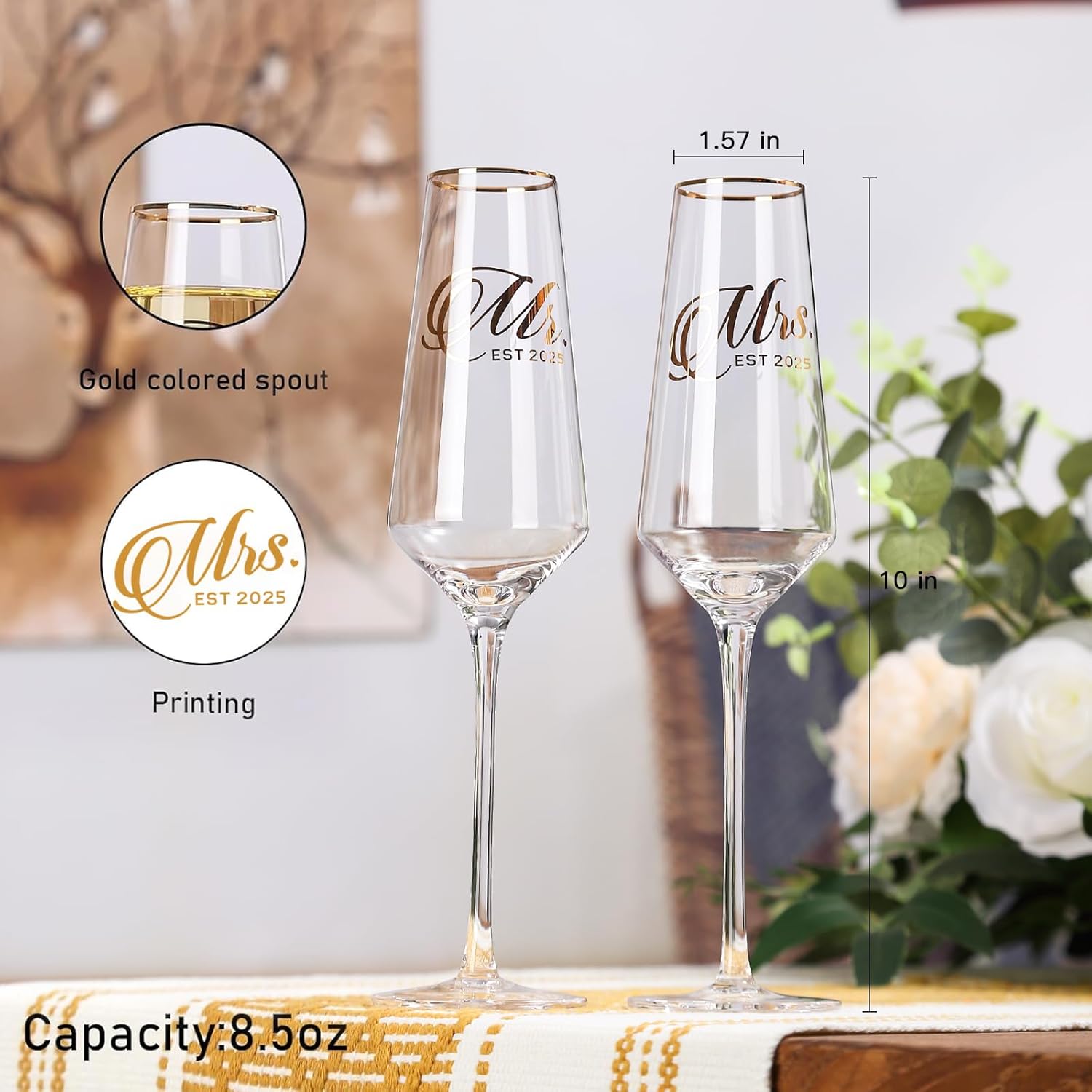 Mr and Mrs Champagne Glasses Set of 2, Long Stem Wedding Champagne Flutes 2025, Bride and Groom Toasting Crystal Glass Set,Engagement Gifts for Couples, Newlyweds, Anniversary,8.5oz
