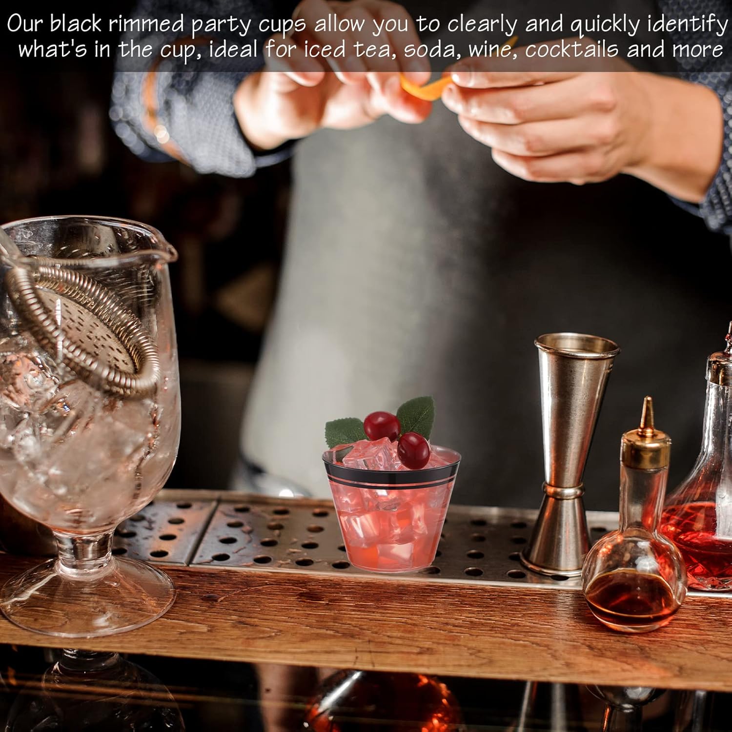 Skylety 100 Pcs Plastic Wine Cups 9 oz Disposable Clear Drinking Cup Wine Glasses Wedding Drinking Tumblers Plastic Cocktail Glasses for Halloween Christmas Graduation Birthday Bridal Party(Black)