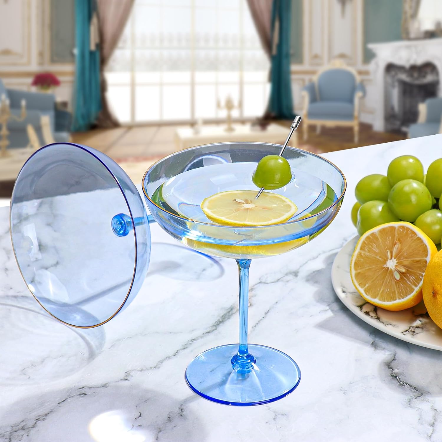 Detachable Martini Glasses 9oz Plastic Blue Champagne Coupe Glasses Gold Rim Hand Blown Vintage Cocktail Glassware Set Unique Martini Glass For Wine Wedding (24, Clear Blue)