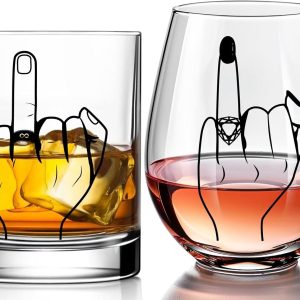 Funny Engagement Gift for Couples Ring Finger Wine and Whiskey Glass Set Cool Bridal Shower/Wedding/Bachelorette Gift for Bride and Groom, Newlyweds, Bridal Shower, Just Married,Mr and Mrs