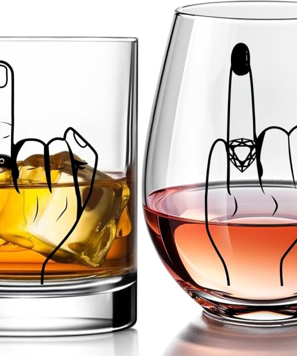 Funny Engagement Gift for Couples  Ring Finger Wine and Whiskey Glass Set  Cool Bridal Shower/Wedding/Bachelorette Gift for Bride and Groom, Newlyweds, Bridal Shower, Just Married,Mr and Mrs