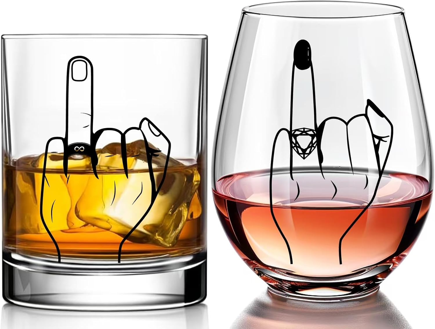 Funny Engagement Gift for Couples Ring Finger Wine and Whiskey Glass Set Cool Bridal Shower/Wedding/Bachelorette Gift for Bride and Groom, Newlyweds, Bridal Shower, Just Married,Mr and Mrs