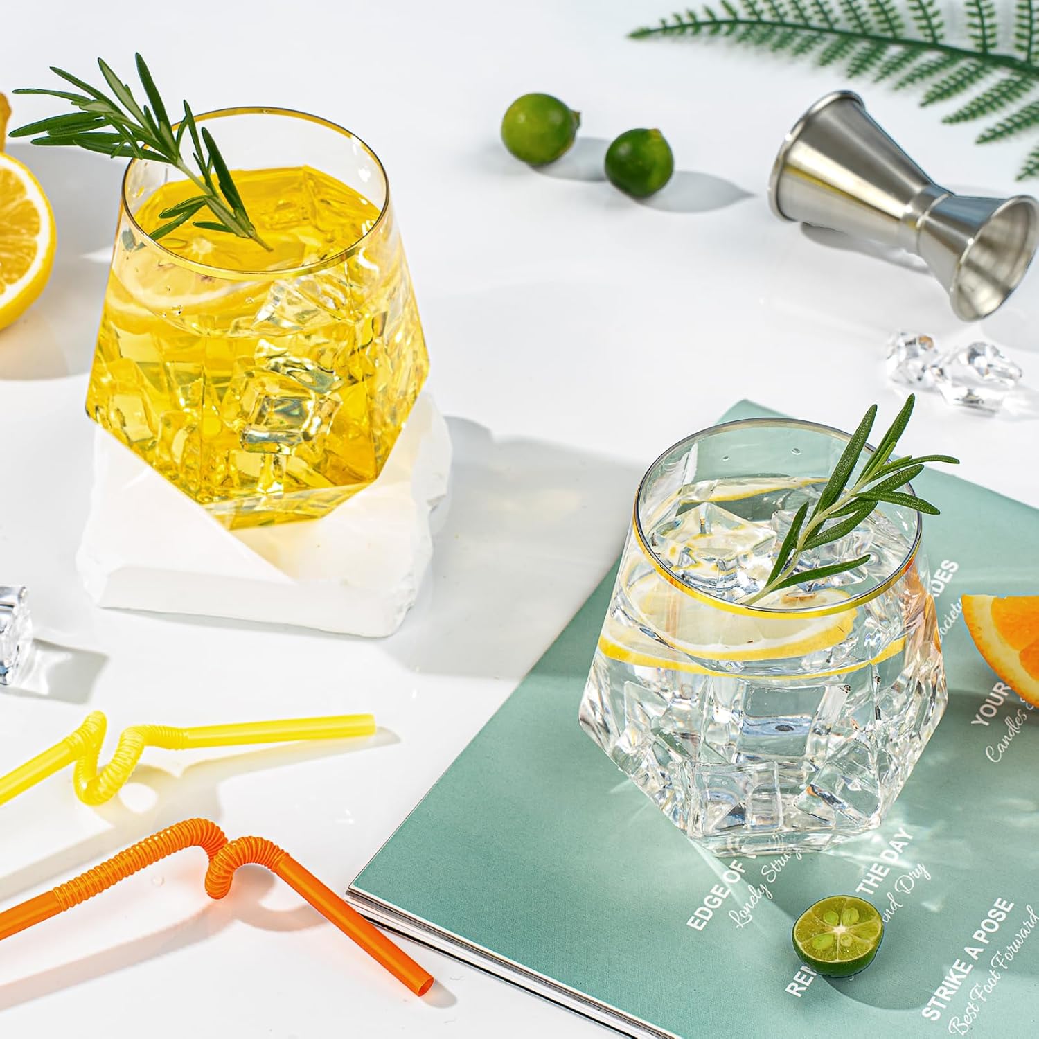 Goodluck 40 PCS Diamond Stemless Plastic Wine Whiskey Glasses, 12 Oz Disposable Cocktail Glasses, Suitable for Weddings, Birthday Parties, Family Gatherings, Bars, etc Gold rimmed cups