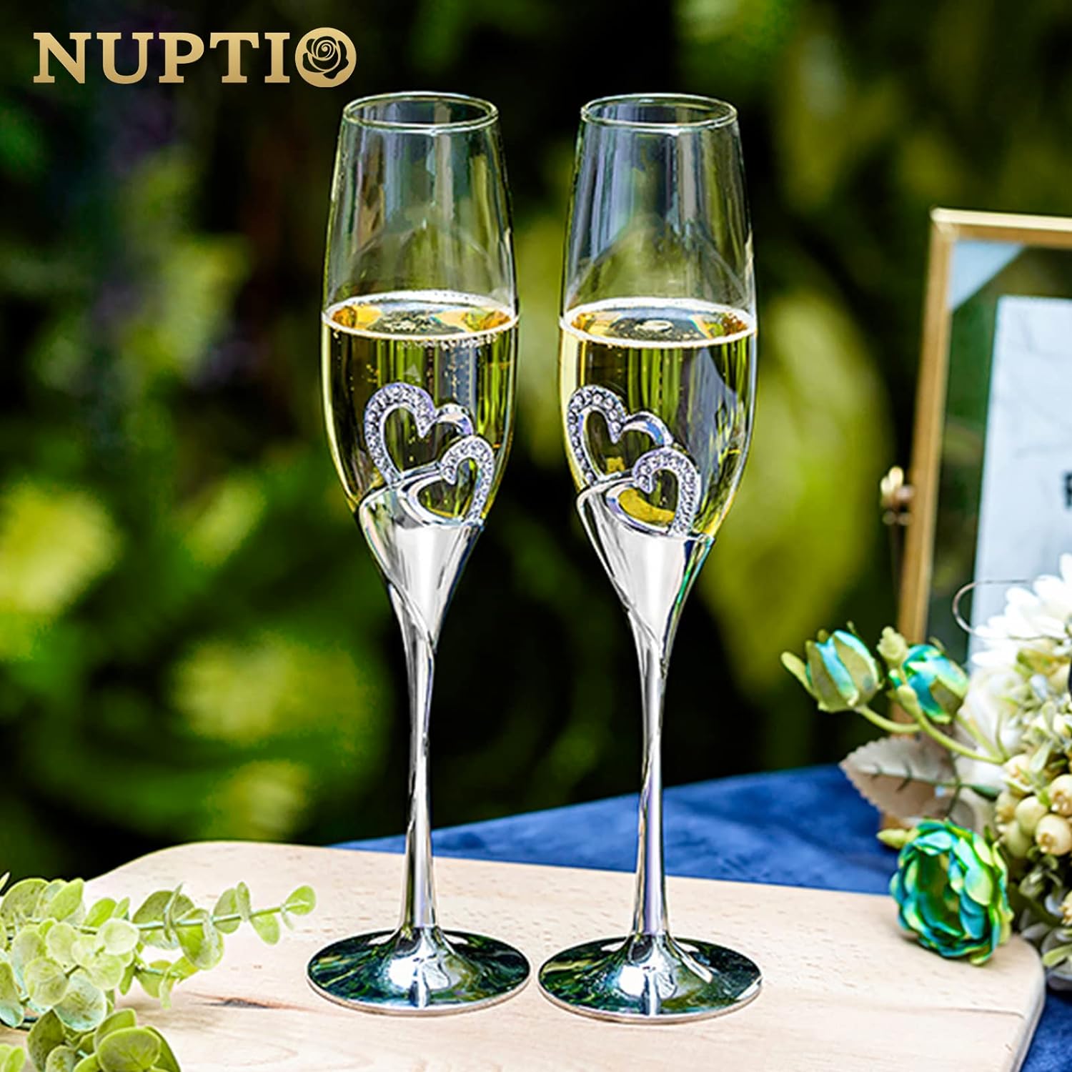 NUPTIO Champagne Flutes Glasses Wedding: Champagne Flute with Wooden Gift Box Crystal Prosecco Glass Set of 2, Silver Gift Set for Engagement Toasting Anniversary Party Bridal Showers