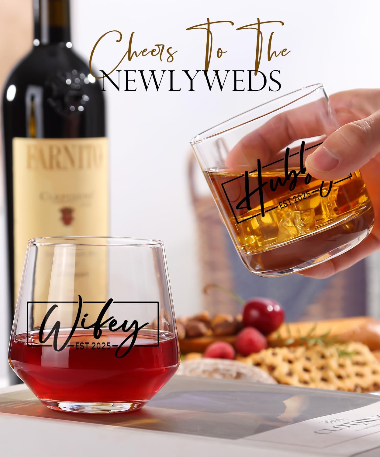 Wedding Gifts for Couples,Hubby & Wifey EST 2025 Wedding Glass Set,Bridal Shower Gifts for Bride and Groom, Newly-Married Anniversary for Him/HerMr and Mrs Gift