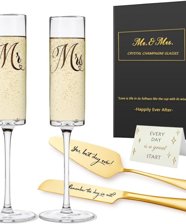 Mr and Mrs Champagne Flutes, Bride and Groom Champagne Glasses, Wedding Glasses with Cake Cutting Set, Bridal Shower Gifts, Unique Wedding Gift Engagement Gifts for Couples