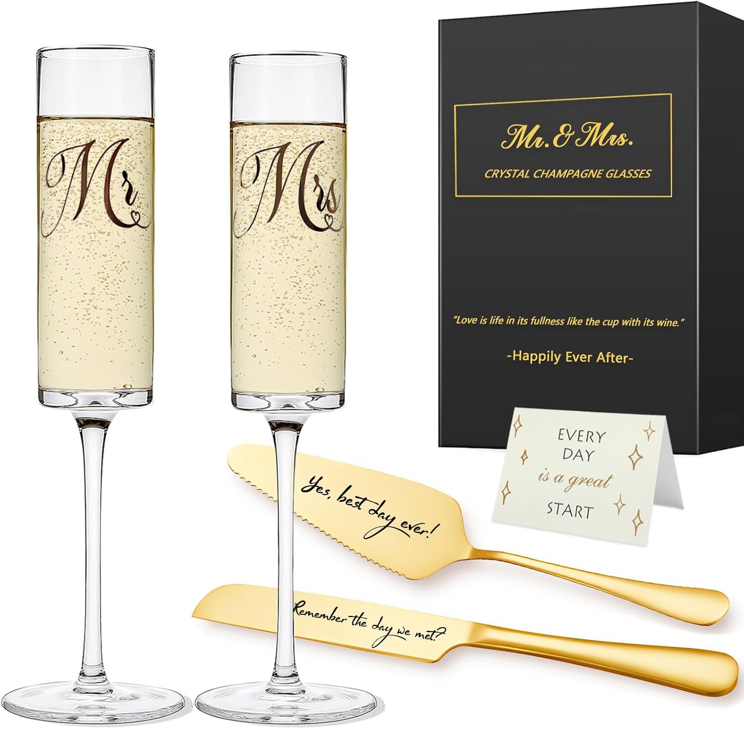 Mr and Mrs Champagne Flutes, Bride and Groom Champagne Glasses, Wedding Glasses with Cake Cutting Set, Bridal Shower Gifts, Unique Wedding Gift Engagement Gifts for Couples
