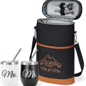 AW BRIDAL Wedding Gifts for Bride Groom, Mr and Mrs Wine Gift Basket for Engagement Bachelorette Party, Anniversary Insulated Wine Cooler Bag Tumblers with Accessories Set for Honeymoon Beach Travel