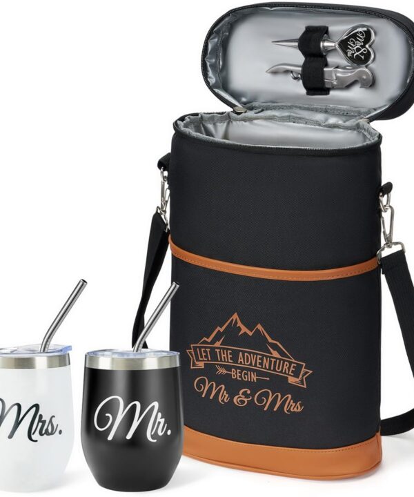 AW BRIDAL Wedding Gifts for Bride Groom, Mr and Mrs Wine Gift Basket for Engagement Bachelorette Party, Anniversary Insulated Wine Cooler Bag Tumblers with Accessories Set for Honeymoon Beach Travel