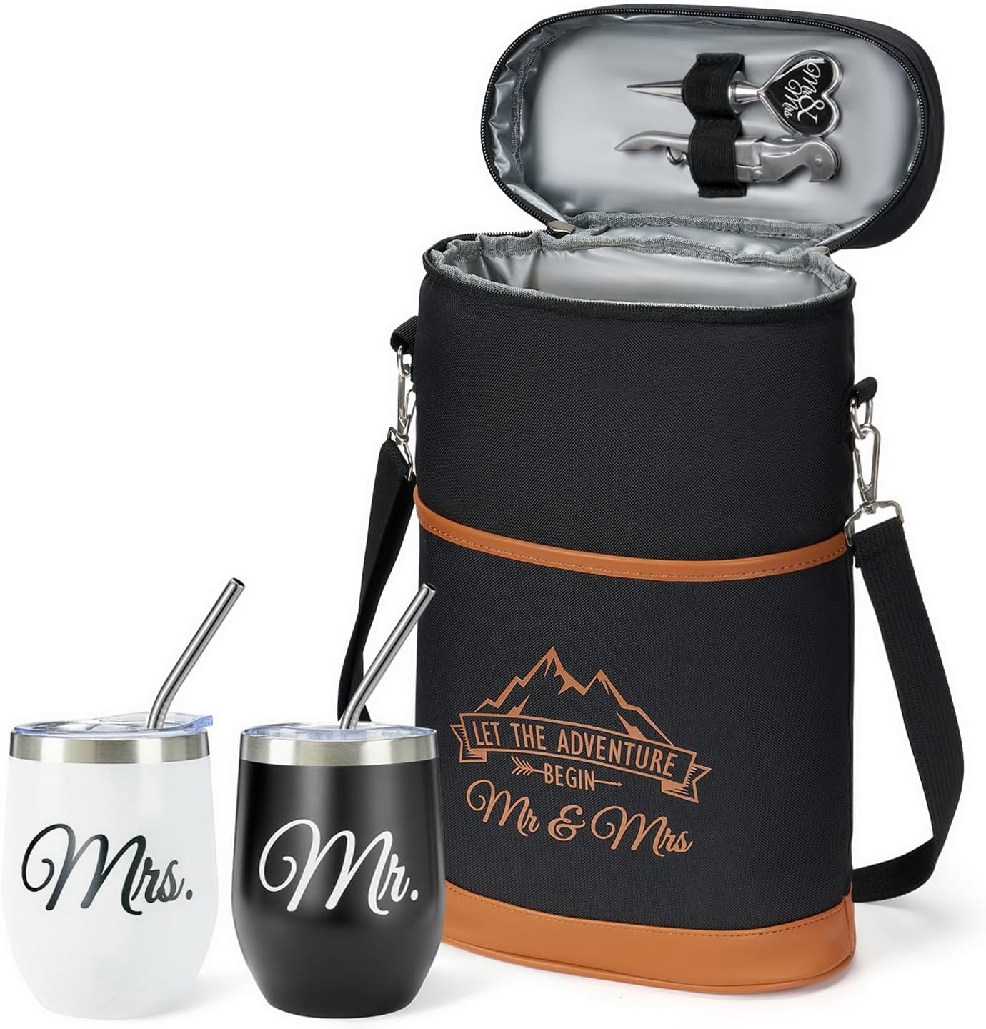 AW BRIDAL Wedding Gifts for Bride Groom, Mr and Mrs Wine Gift Basket for Engagement Bachelorette Party, Anniversary Insulated Wine Cooler Bag Tumblers with Accessories Set for Honeymoon Beach Travel