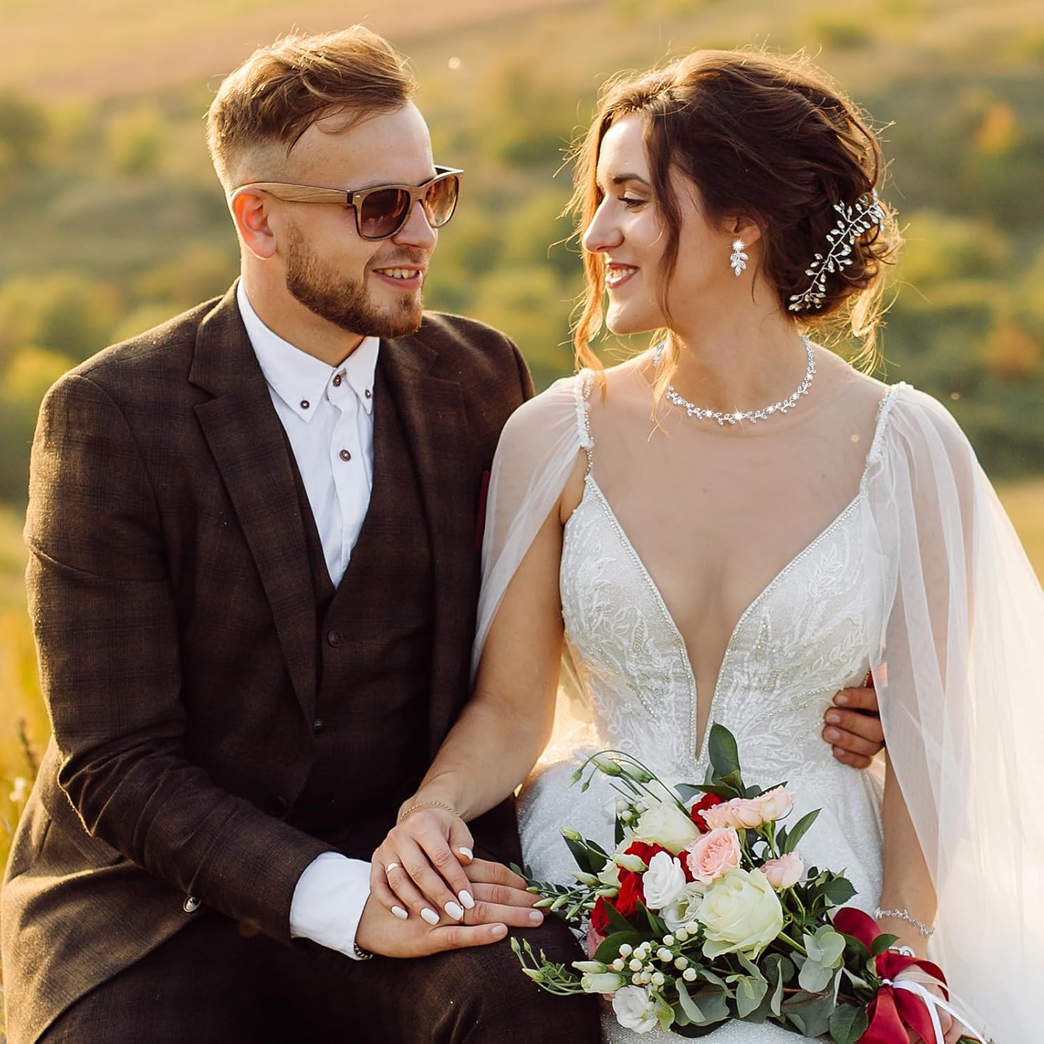 DIVINA VITAE 4 Pcs Crystal Rhinestone Wedding Set for Women Silver Wedding Necklace and Earring Set Bridal Bridesmaid Prom Costume Formal Jewelry Sets Accessories