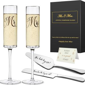 Wedding Gifts for Bride and Groom, Mr and Mrs Champagne Flutes, Bridal Shower Gifts, Engagement Gift, Wedding Toasting Glasses with Cake Cutting Set for Wedding Anniversary Engagement