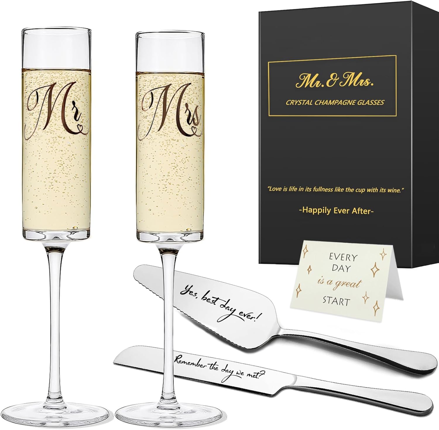 Wedding Gifts for Bride and Groom, Mr and Mrs Champagne Flutes, Bridal Shower Gifts, Engagement Gift, Wedding Toasting Glasses with Cake Cutting Set for Wedding Anniversary Engagement