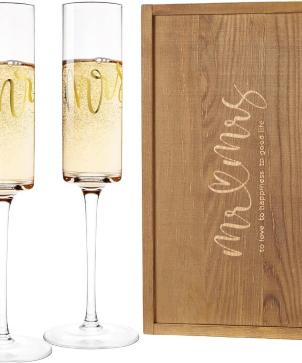 AW BRIDAL Mr and Mrs Champagne Flutes Set of 2, Engagement Bridal Shower Gifts for Couple Newlyweds, Wedding Anniversary Toasting Glasses with Wooden Box for Bride Groom