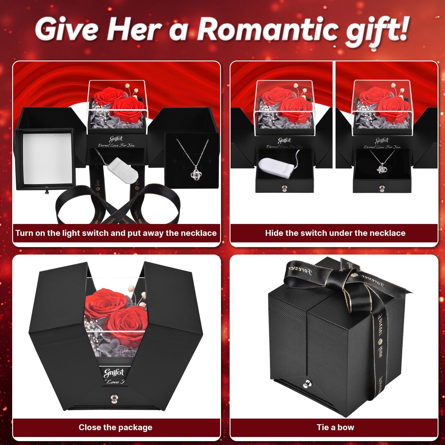 Preserved Red Real Rose with I Love You in 100 Languages Necklace,Eternal Flowers Gifts for Women Wife Girlfriend Mom Grandma on Birthday Anniversary Valentines Mothers Day Christmas,Red Rose