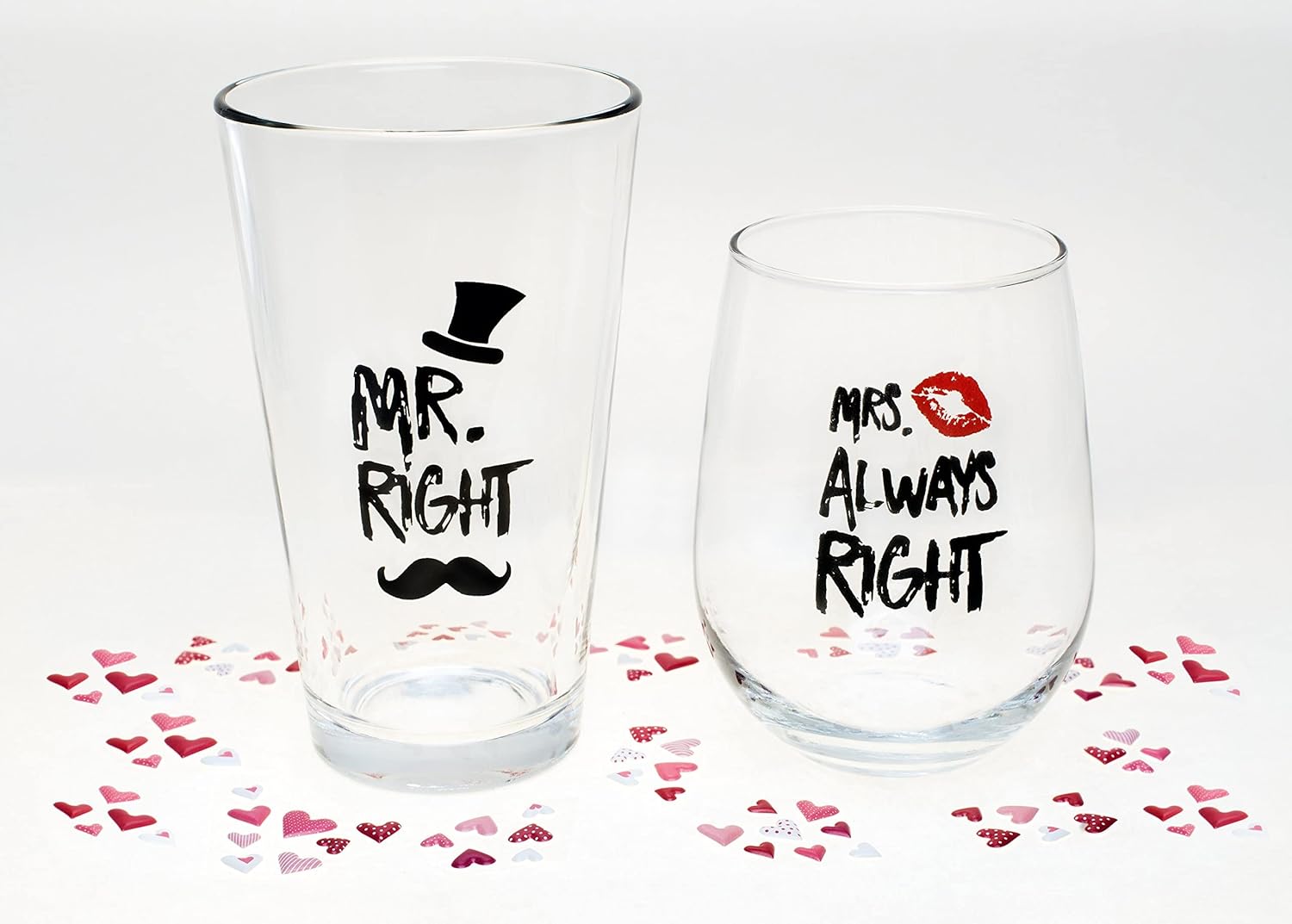 Funny Mr. Right and Mrs. Always Right Novelty Wine Glass and Beer Glass | Includes Fun, Stylish Gift Box | For Weddings, Engagement, Newlywed, Bachelorette, Anniversary, Couples Gifts