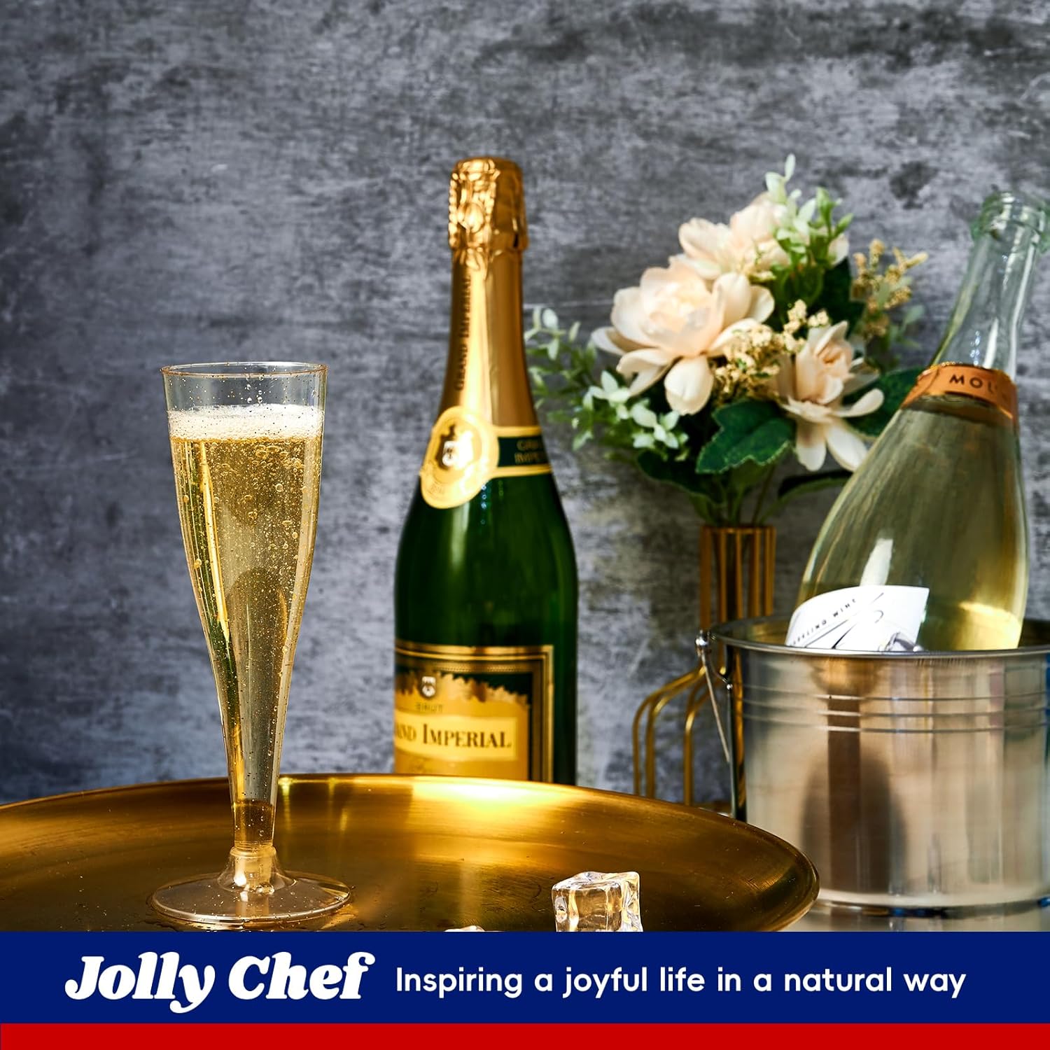 JOLLY CHEF 100 Pack Plastic Champagne Flutes Disposable 4.5 oz Gold Glitter Plastic Champagne Glasses for Wedding, Thanksgiving Day, Christmas
