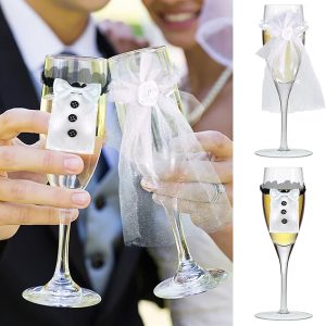 Marriage Bride Groom Dress Wine Cups Wrap Champagne Glass Bottles Cover for Engagement Wedding Party Decoration Ornaments Glass Cup Decoration Valentine's Day