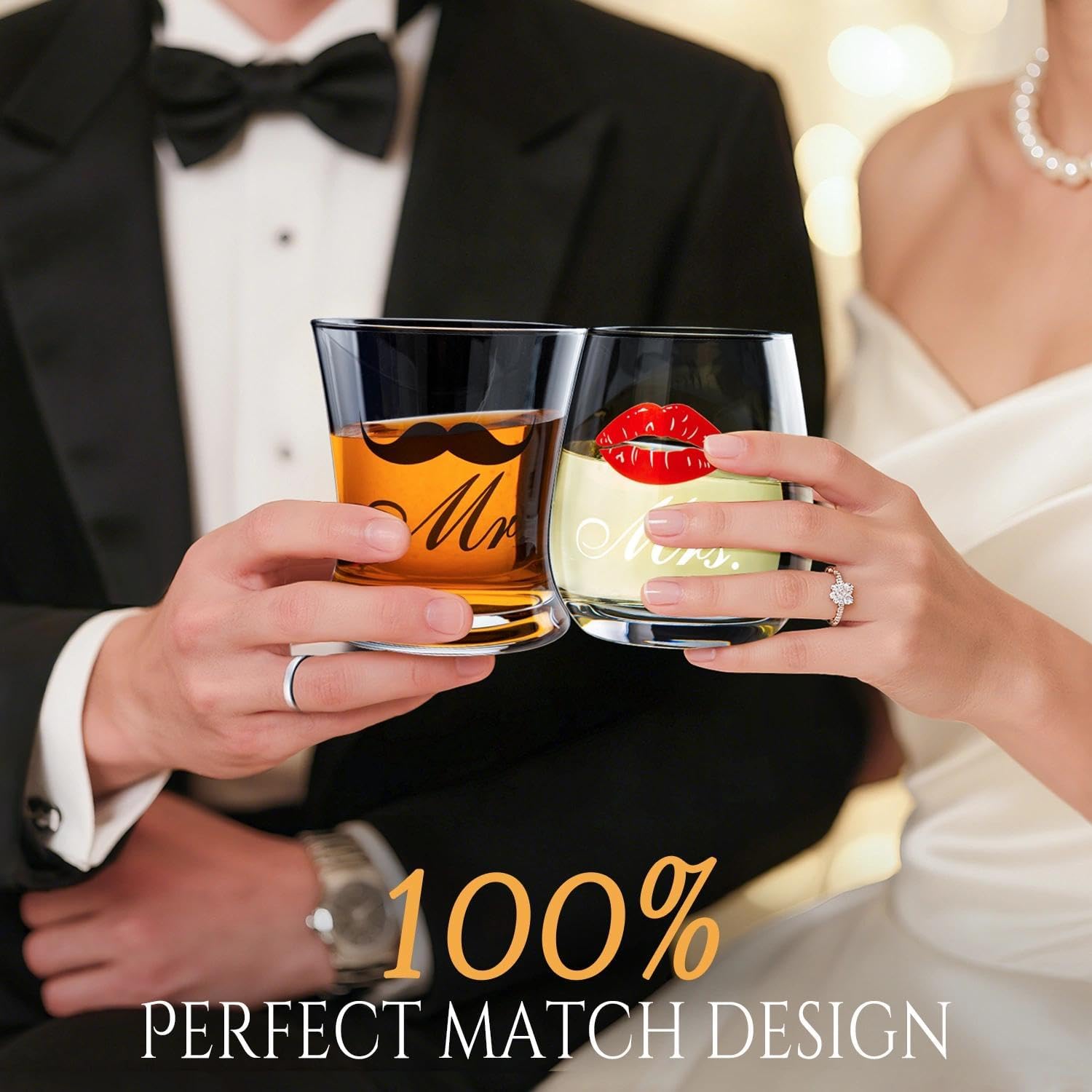 LIGHTEN LIFE Wedding Engagement Gifts for Couples, Bridal Shower Gift for Bride and Groom Newlyweds, Anniversary Mr and Mrs Whiskey Wine Glasses Set with Appron