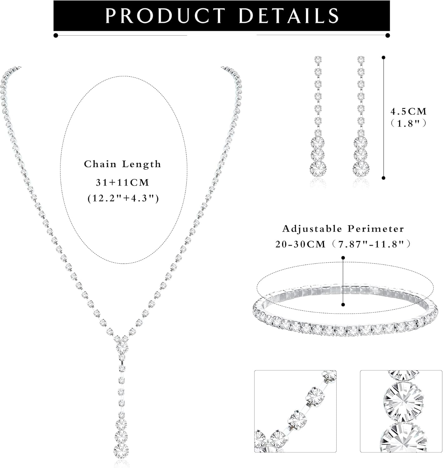 CASSIECA Silver Bridal Jewelry Set Rhinestone Necklace Bracelet Dangle Earrings for Bride Bridesmaid Teardrop Pendant Crystal Wedding Prom Jewelry Accessories for Women