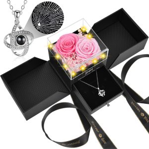 Preserved Pink Real Rose with I Love You in 100 Languages Necklace,Eternal Flowers Gifts for Women Wife Girlfriend Mom Grandma on Birthday Anniversary Valentines Mothers Day Christmas,Pink Rose