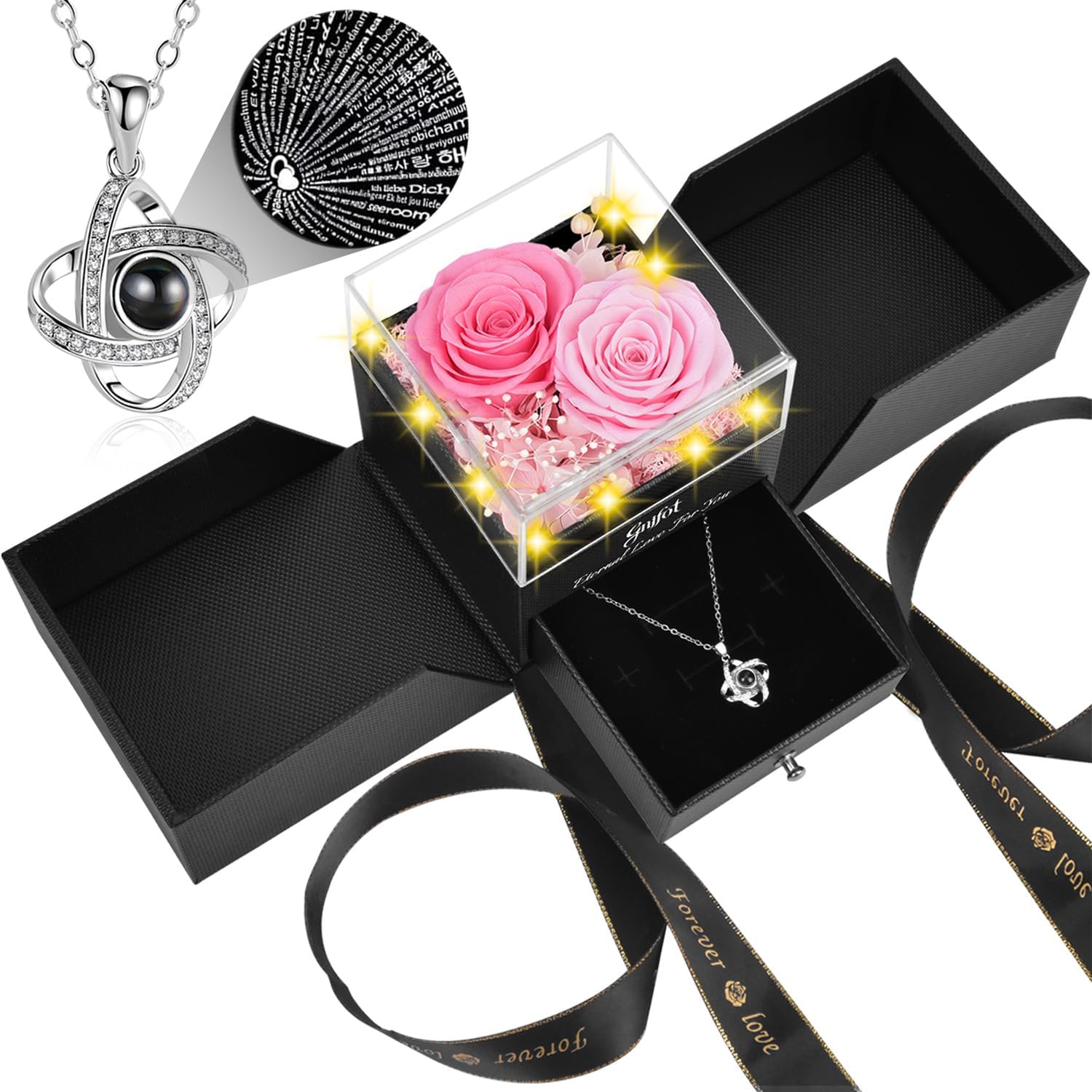 Preserved Pink Real Rose with I Love You in 100 Languages Necklace,Eternal Flowers Gifts for Women Wife Girlfriend Mom Grandma on Birthday Anniversary Valentines Mothers Day Christmas,Pink Rose