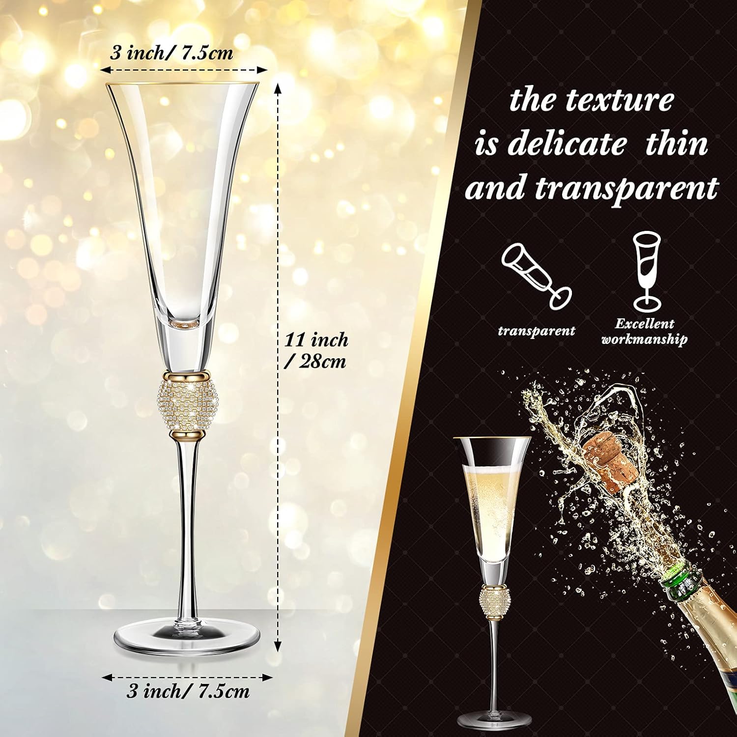 2 Pieces Rhinestone Champagne Flutes Wedding Toasting Glasses 7 Oz Rim Diamond Wine Glasses Long Stem Glassware for Wedding, Parties, Anniversary Supplies (Gold)