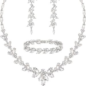 EVER FAITH Austrian Crystal Bridal Bridesmaid Jewelry Sets, Elegant Marquise Rhinestone Leaf Necklace Dangle Earrings Tennis Bracelet Set for Women
