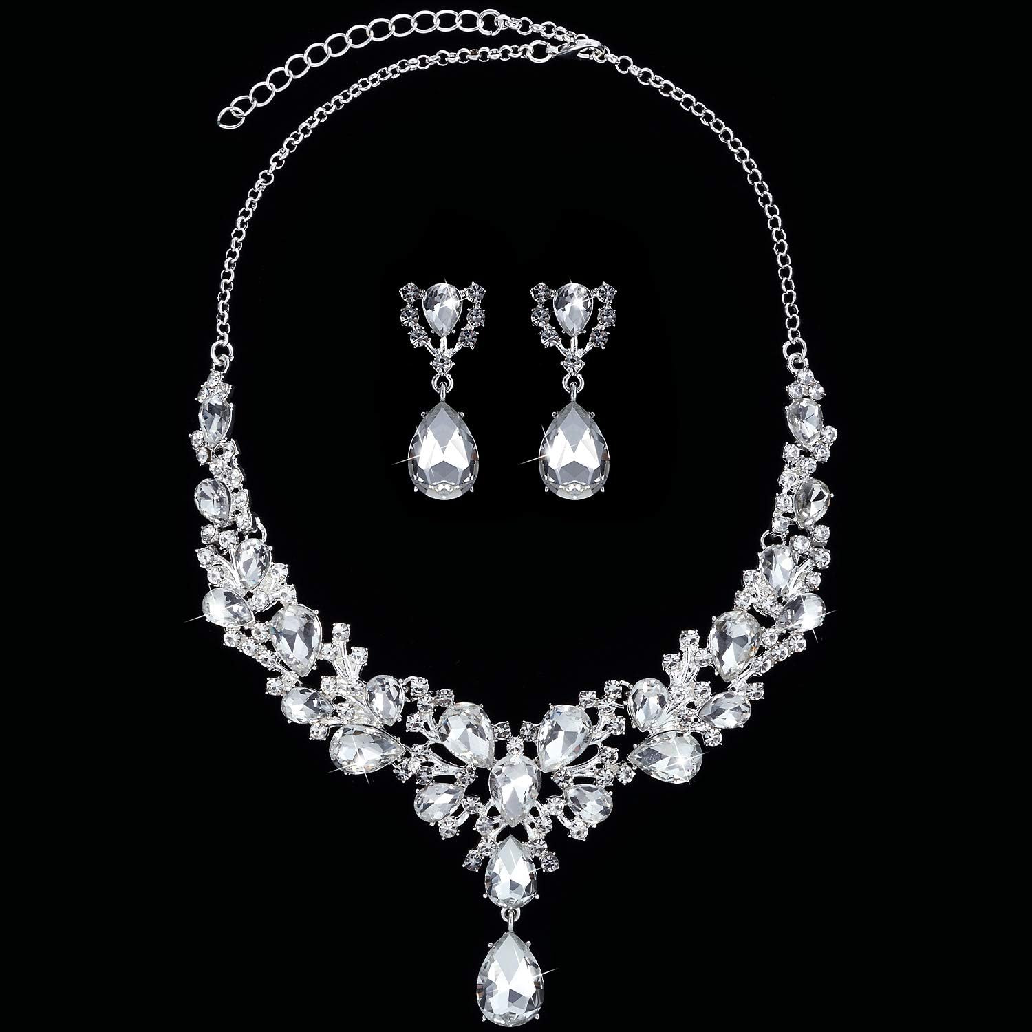 Hicarer Bridal Teardrop Cluster Crystal Jewelry Set for Women Necklace Earrings Wedding