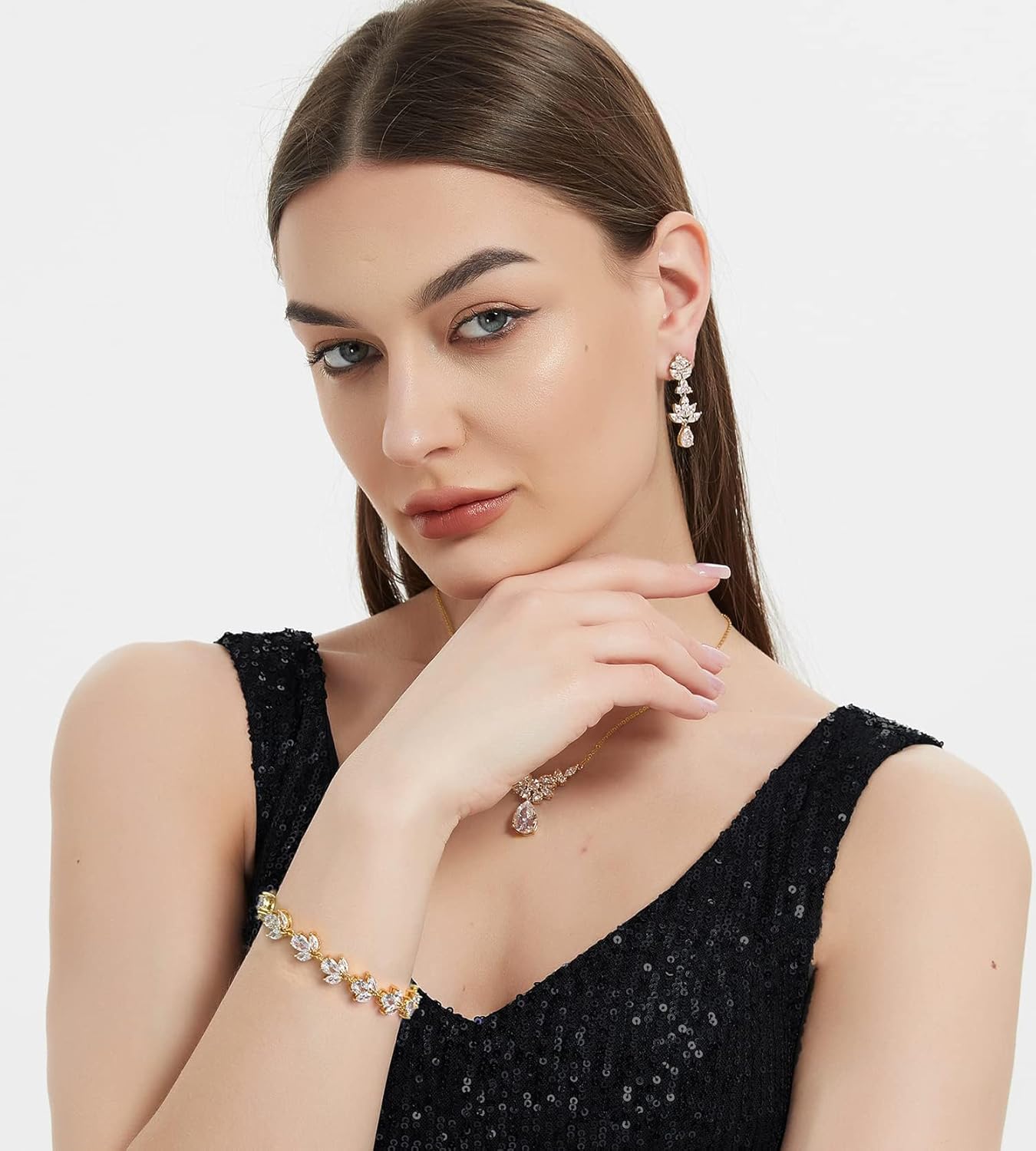 UDYLGOON Sparkling Bride Bidesmaid Wedding Jewelry Set, Cubic Zirconia Dangle Earrings Necklace Bracelet Set for Pageant Prom Formal Wear