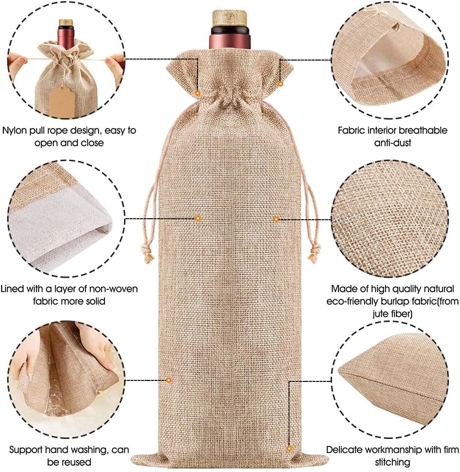 Homum 12Pcs Premium Burlap Wine Bags and 12Pcs Gift Tags, Reusable Wine Gift Bags with Drawstrings, Wine Bottle Bags, Wine Bags for Wedding, Birthday, Blind Tastings, Christmas, Travel,Party, Home Storage