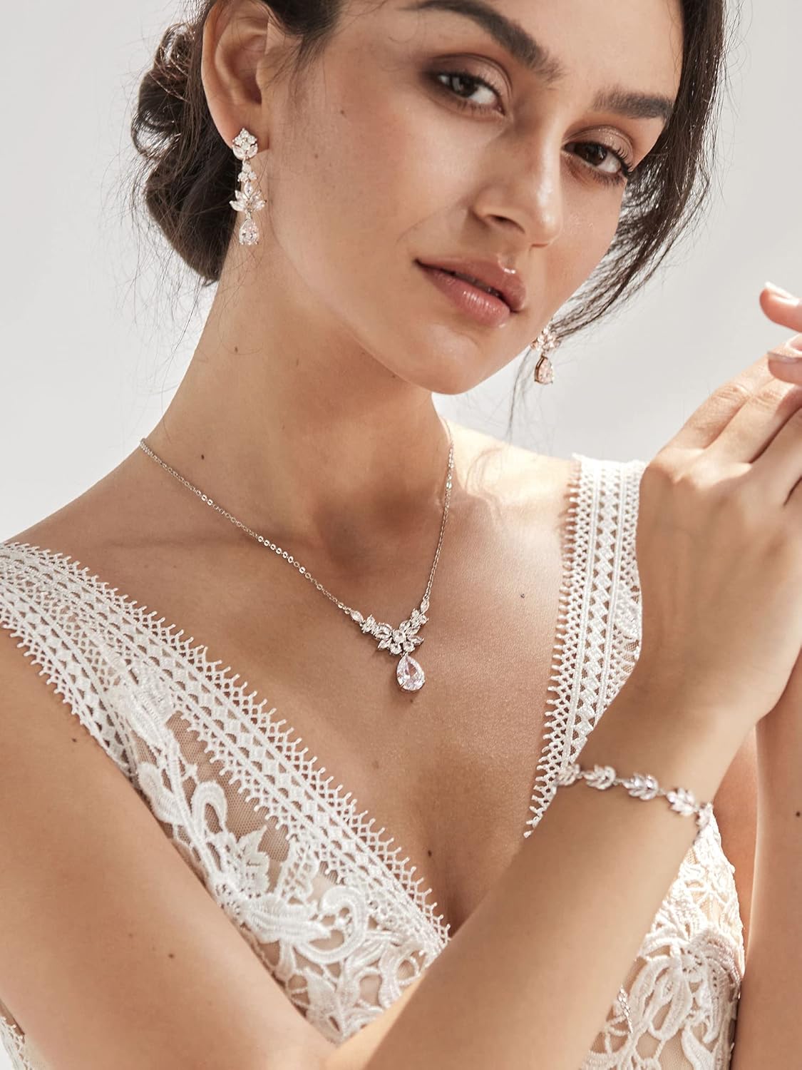 SWEETV Teardrop Wedding Bridal Jewelry Set for Brides Women Bridesmaid, Crystal Rhinestone Backdrop Necklace Earring Sets for Prom