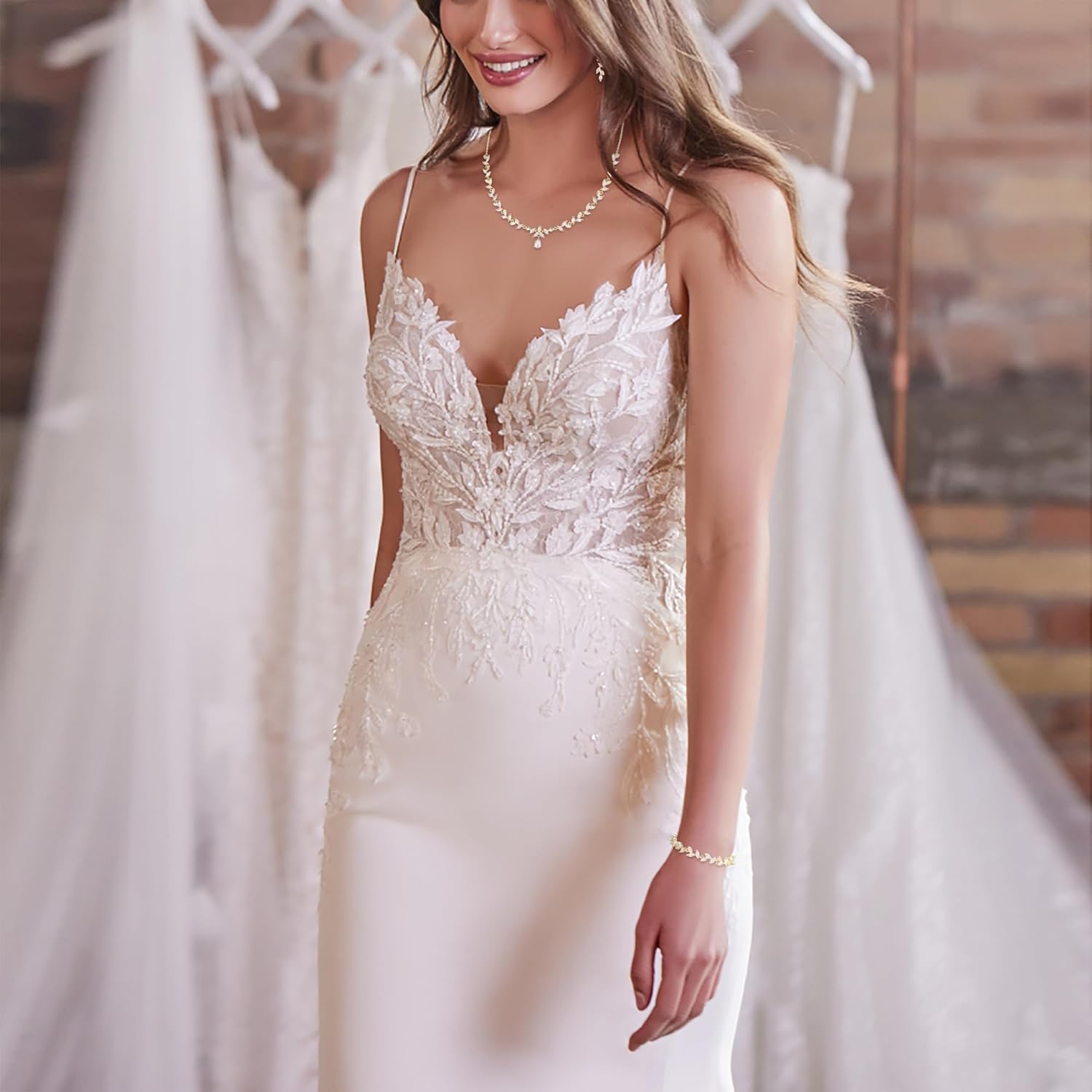 BriLove Wedding Bridal Jewelry for Women Cubic Zirconia Marquise Teardrop Leaf Cluster Y-Necklace Dangle Earrings Link Bracelet Set