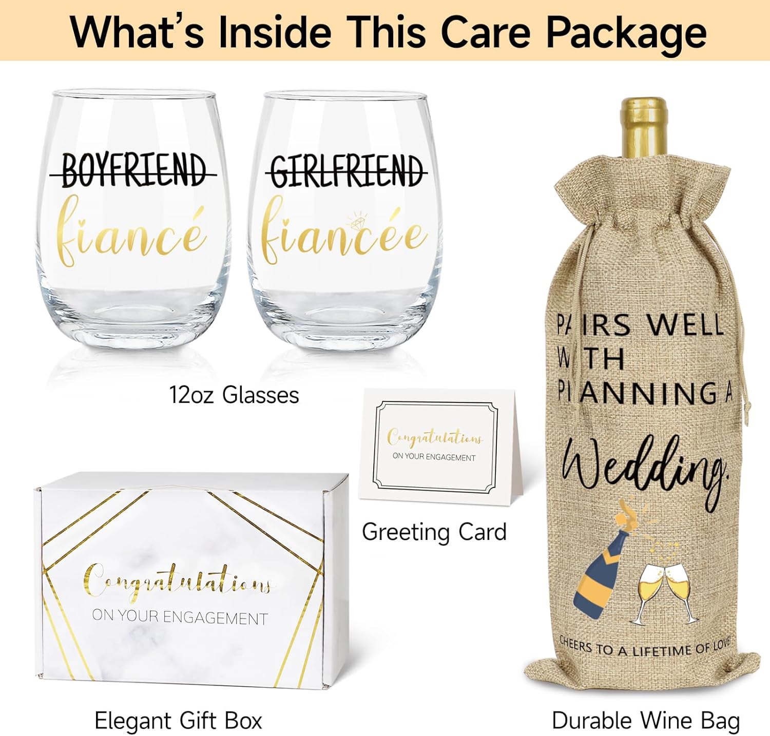 Engagement Gifts for Couples, Boyfriend and Girlfriend Wine Glass Engaged Gift Set with Wine Bag, Fiance Fiancee Gift for Him and Her Bride and Groom, Wedding Bridal Shower Gifts for Newlywed