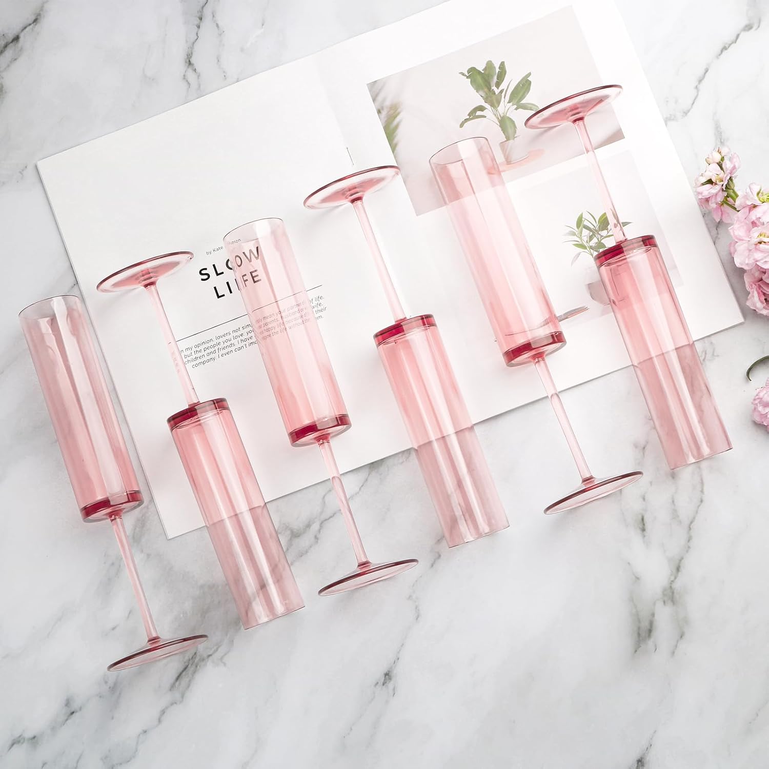 12 Pieces Pink Champagne Flutes 6 OZ Acrylic Reusable Wedding Toasting Glasses Stemmed Coupes Square Champagne Glasses Rose Bride Wine Glasses For Party Birthday Christmas Anniversary Wedding